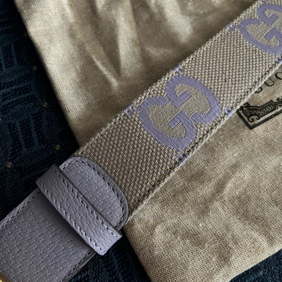 GUCCI GG PURPLE+BEIGE JUMBO CANVAS & LEATHER BELT Plus Size 105 + dust bag. - Picture 3 of 12